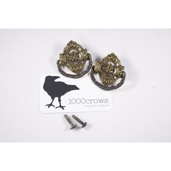 Antique cast brass drawer pulls with drop handle, vintage salvaged hardware, - Picture 8 of 8